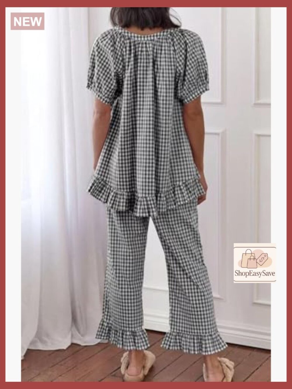 Cotton Gingham Pajama Set Cute Ruffle Babydoll Top Wide Leg Pants - Picture 2 of 5